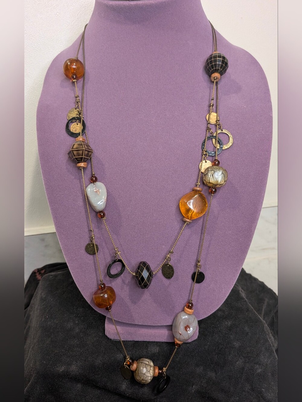 Chicos Antique Brass Double Strand Acrylic And Metal Necklace